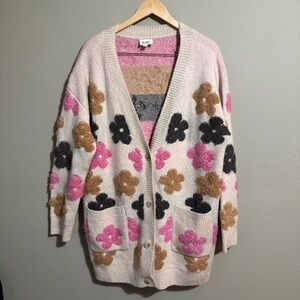 Bibi Fuzzy Textured Floral Relaxed Sweater Cardigan - Boho-Size Large